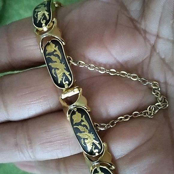 Vintage Damascene Panel Bracelet w/24K Gold Inlay Bird & Floral - Picture 4 of 8